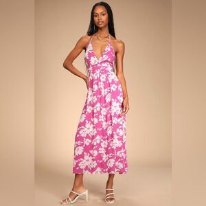 Lulu’s Follow the Summer Pink Floral Print Halter Midi Dress Sz S